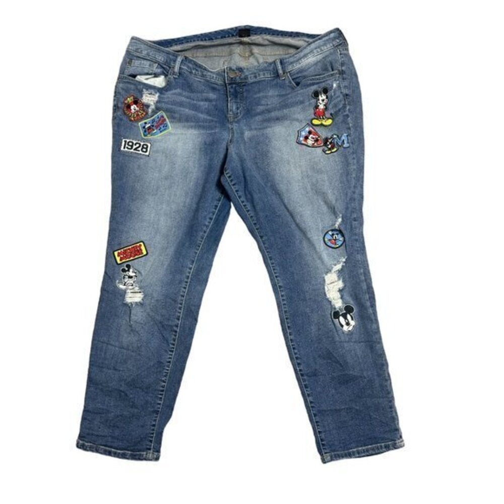 Disney Mickey Mouse Womens Plus Size 22S‎ Distressed Jeans w/ Patches